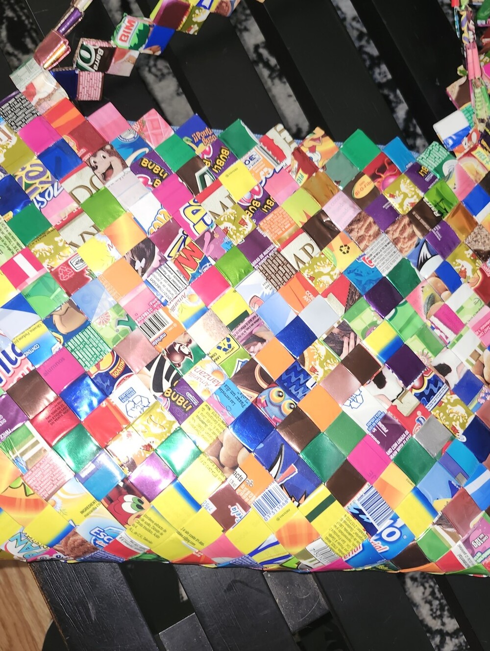 Custom shoulder bag made of candy wrappers